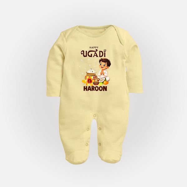 Happy Ugadi Cartoon Boy Theme Kids fullbody Suit - PASTEL YELLOW - New Born (Chest 7.5")