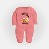Happy Ugadi Cartoon Boy Theme Kids fullbody Suit - PEACH - New Born (Chest 7.5")