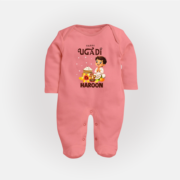 Happy Ugadi Cartoon Boy Theme Kids fullbody Suit - PEACH - New Born (Chest 7.5")