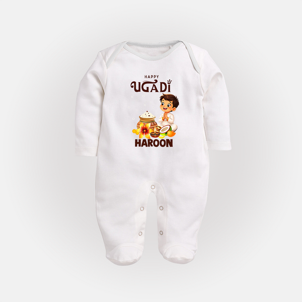 Happy Ugadi Cartoon Boy Theme Kids fullbody Suit - WHITE - New Born (Chest 7.5")
