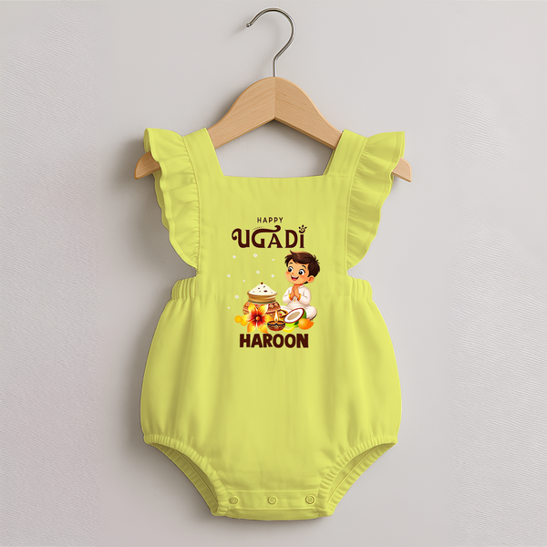 Happy Ugadi Cartoon Boy Theme Kids Romper Frock - PASTEL YELLOW - 0 - 3 Months Old (Chest 19")