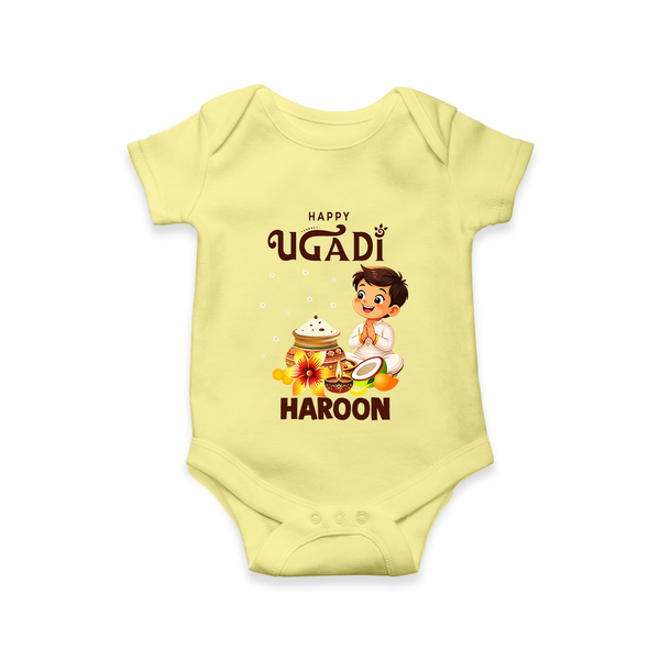 Happy Ugadi Cartoon Boy Theme Kids Romper - PASTEL YELLOW - New Born (Chest 14")