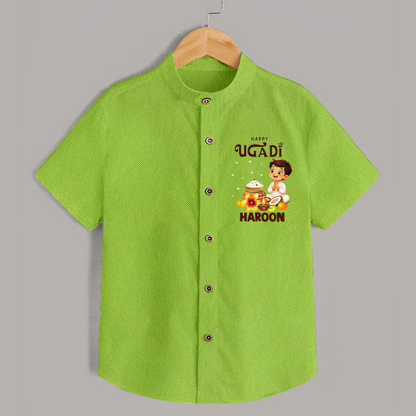 Happy Ugadi Cartoon Boy Theme Kids Shirt - LIME GREEN - 0 - 6 Months Old (Chest 23")
