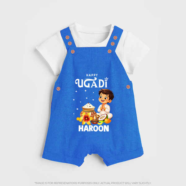 Happy Ugadi Cartoon Boy Theme Kids Dungaree - COBALT BLUE - 0 - 5 Months Old (Chest 18")