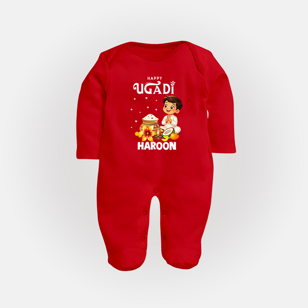 Happy Ugadi Cartoon Boy Theme Kids fullbody Suit - RED - New Born (Chest 7.5")