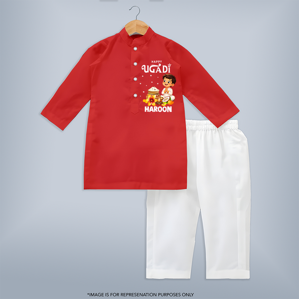 Happy Ugadi Cartoon Boy Theme Kids Kurta - RED - 3 - 6 Months Old (Chest 24", Kurta Length 14'', Waist 19", Pant Length 14")