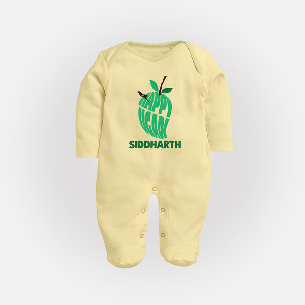 Happy Ugadi Classic Personalized Kids fullbody Suit - PASTEL YELLOW - New Born (Chest 7.5")