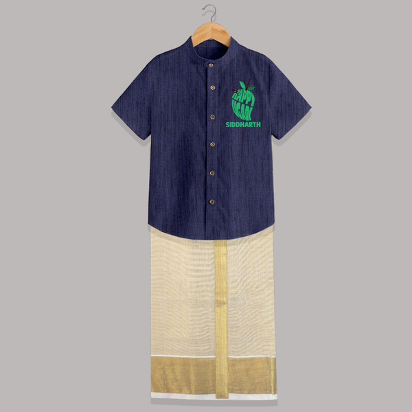 Happy Ugadi Classic Personalized Kids Shirt & Dhoti - DARK BLUE - 0 - 6 Months Old (Chest-23") (Dhoti length-14")