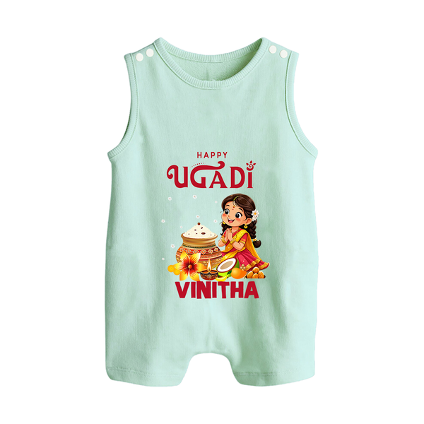 Happy Ugadi Cartoon Girl Theme Kids Romper suit - MINT GREEN - 0 - 5 Months Old (Chest 18")
