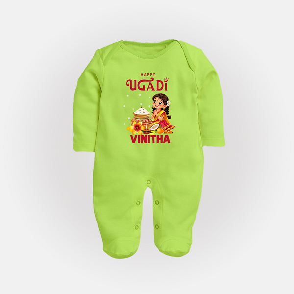 Happy Ugadi Cartoon Girl Theme Kids fullbody Suit - LIME GREEN - New Born (Chest 7.5")