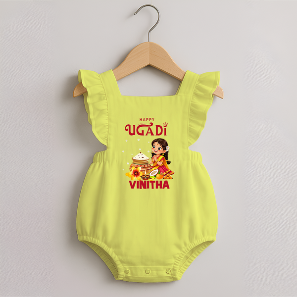 Happy Ugadi Cartoon Girl Theme Kids Romper Frock - PASTEL YELLOW - 0 - 3 Months Old (Chest 19")