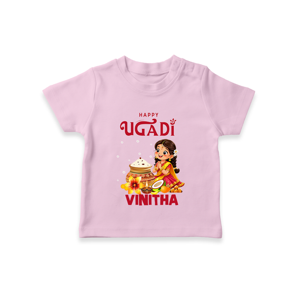 Happy Ugadi Cartoon Girl Theme Kids T-Shirt - BABY PINK - 0-5 Months Old (Chest 17")