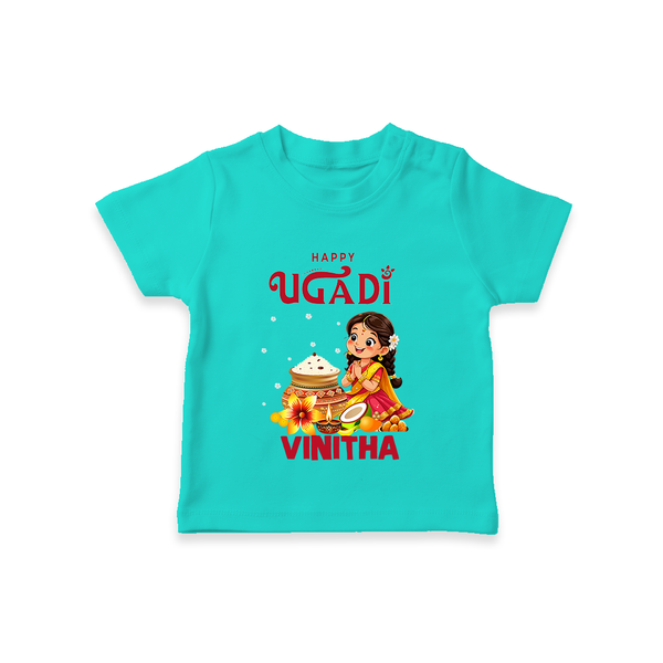 Happy Ugadi Cartoon Girl Theme Kids T-Shirt - TEAL - 0-5 Months Old (Chest 17")