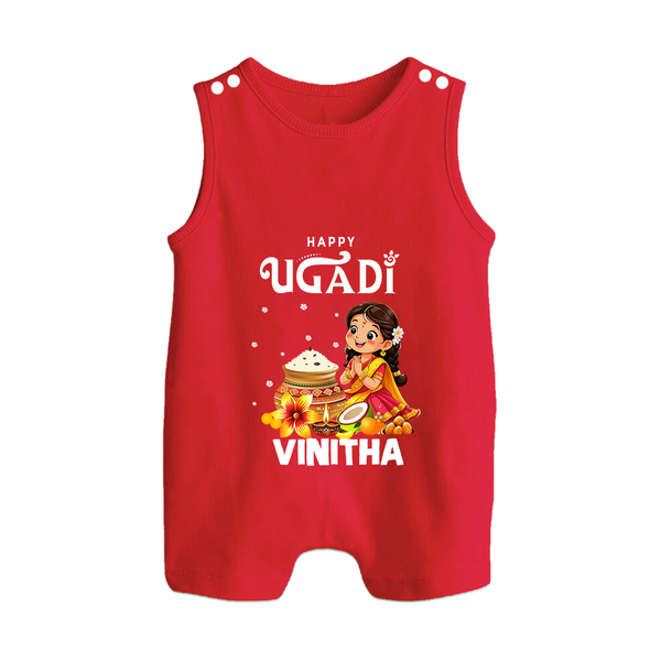 Happy Ugadi Cartoon Girl Theme Kids Romper suit - RED - 0 - 5 Months Old (Chest 18")