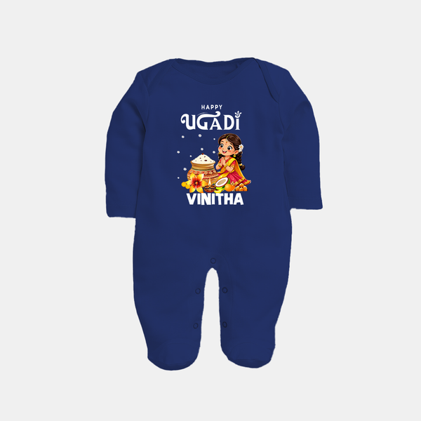 Happy Ugadi Cartoon Girl Theme Kids fullbody Suit - NAVY BLUE - New Born (Chest 7.5")