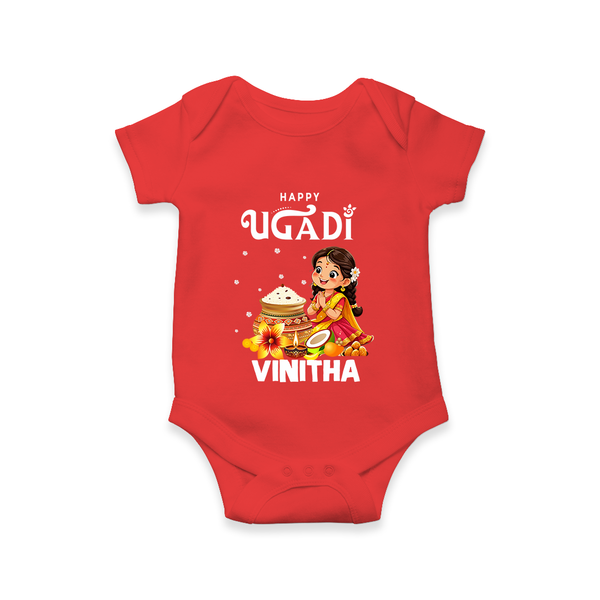 Happy Ugadi Cartoon Girl Theme Kids Romper - RED - New Born (Chest 14")
