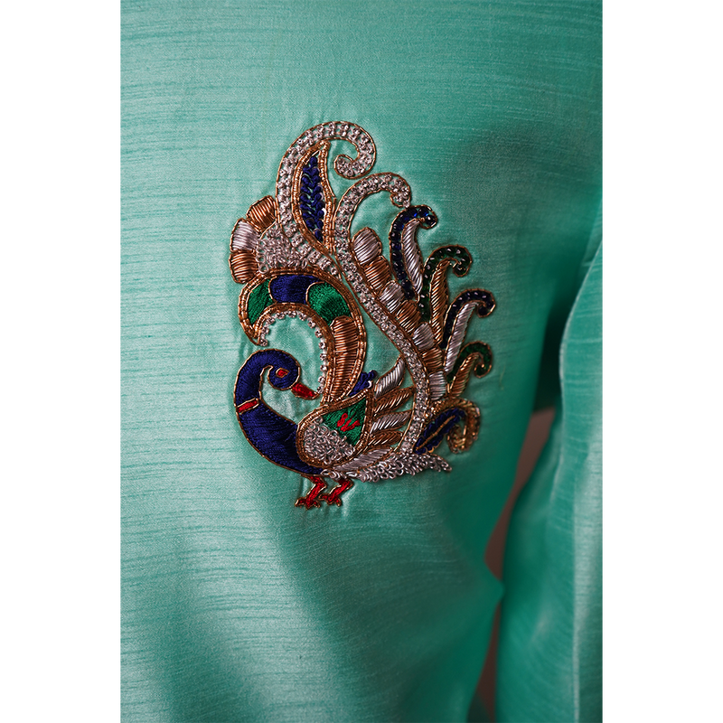 Mint Green Asymmetric Embroidered Indo-Western Kurta for Men