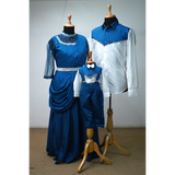 Royal Blue & White coordinated family ethnic outfit set with gown, shirt, and baby boy suspenders.