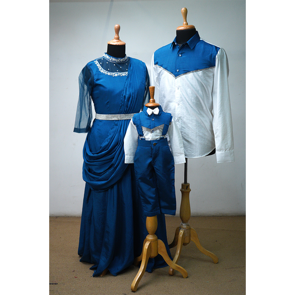 Royal Blue & White coordinated family ethnic outfit set with gown, shirt, and baby boy suspenders.