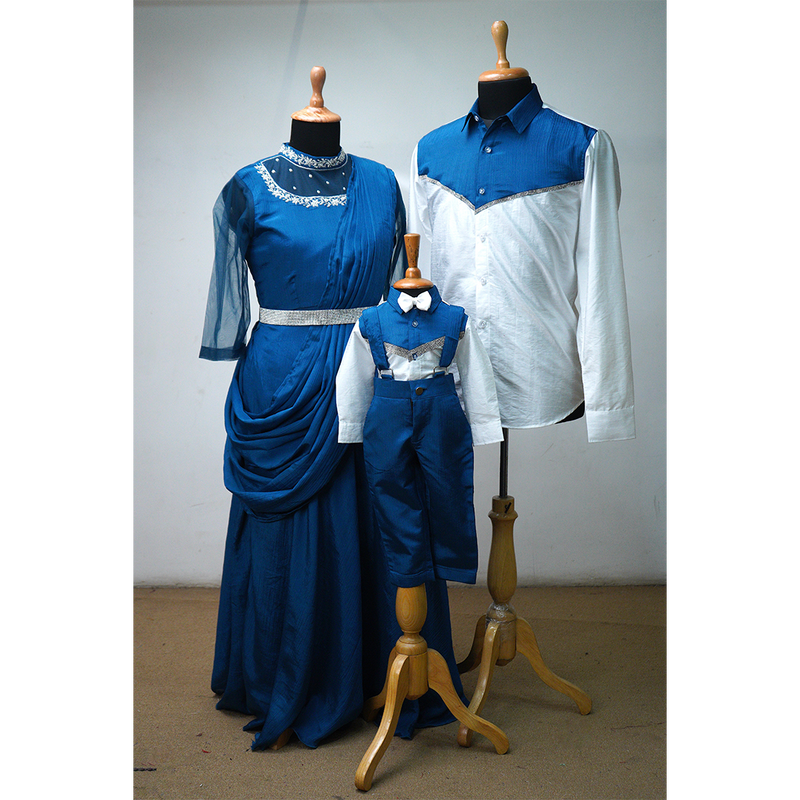 Royal Blue & White coordinated family ethnic outfit set with gown, shirt, and baby boy suspenders.