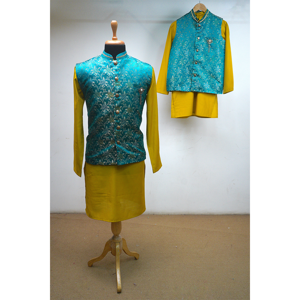 Father-son matching ethnic set with turquoise brocade Nehru jacket and mustard kurta pajama

