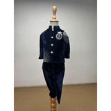 Navy blue velvet Indo-western ethnic set for boys with asymmetrical kurta and embroidered crest

