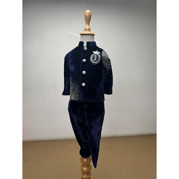 Navy blue velvet Indo-western ethnic set for boys with asymmetrical kurta and embroidered crest

