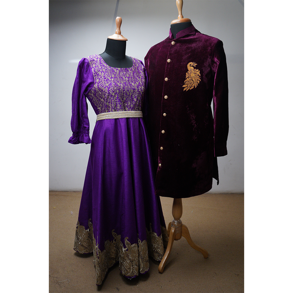 Regal purple ethnic couple set with velvet sherwani and embroidered Anarkali gown