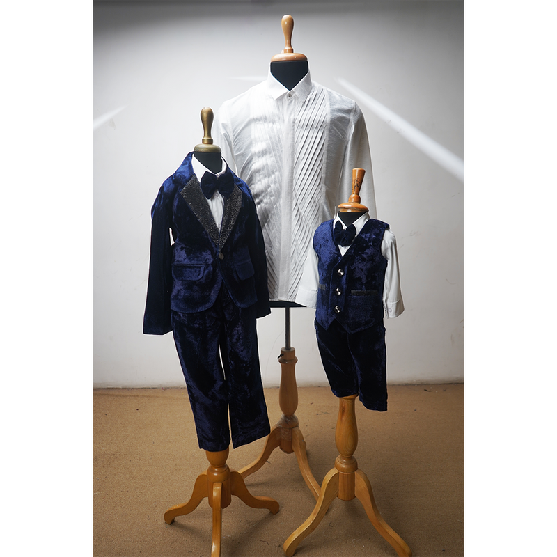 Premium Navy Blue Velvet Father & Son Matching Outfit Set  Boys 3-Piece Suit & Men’s White Pleated Shirt