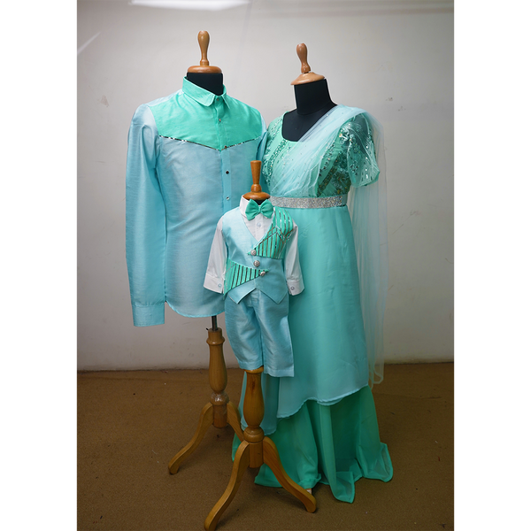Mint Green Family Matching Outfit Set – Party Wear Gown, Men’s Shirt & Boys Waistcoat Suit