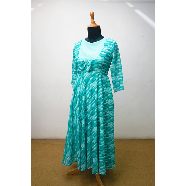 Aqua Printed Flared Maxi Dress with Bow Detail – Elegant Casual Wear for Women