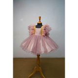 Girls Designer Party Wear Tulle Frock with Ruffle Sleeves & Gold Detailing