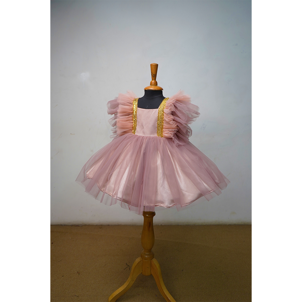 Girls Designer Party Wear Tulle Frock with Ruffle Sleeves & Gold Detailing