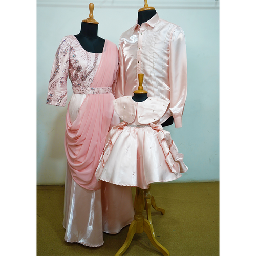Blush Pink Elegant Family Matching Outfit Set  Women Draped Gown, Men Satin Shirt & Kids Party Dress