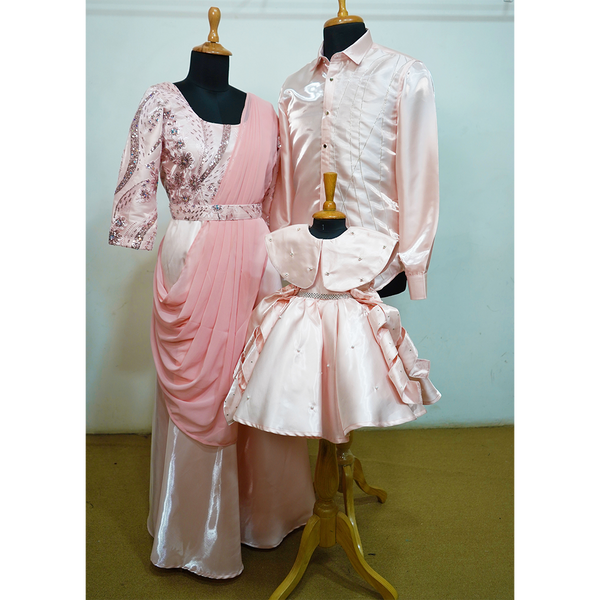 Blush Pink Elegant Family Matching Outfit Set  Women Draped Gown, Men Satin Shirt & Kids Party Dress