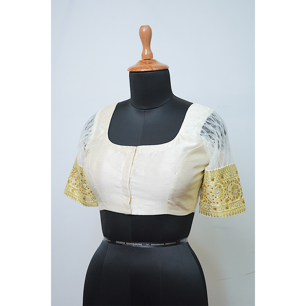 "Graceful Ivory Stonework Blouse with Heart-Cut Back"