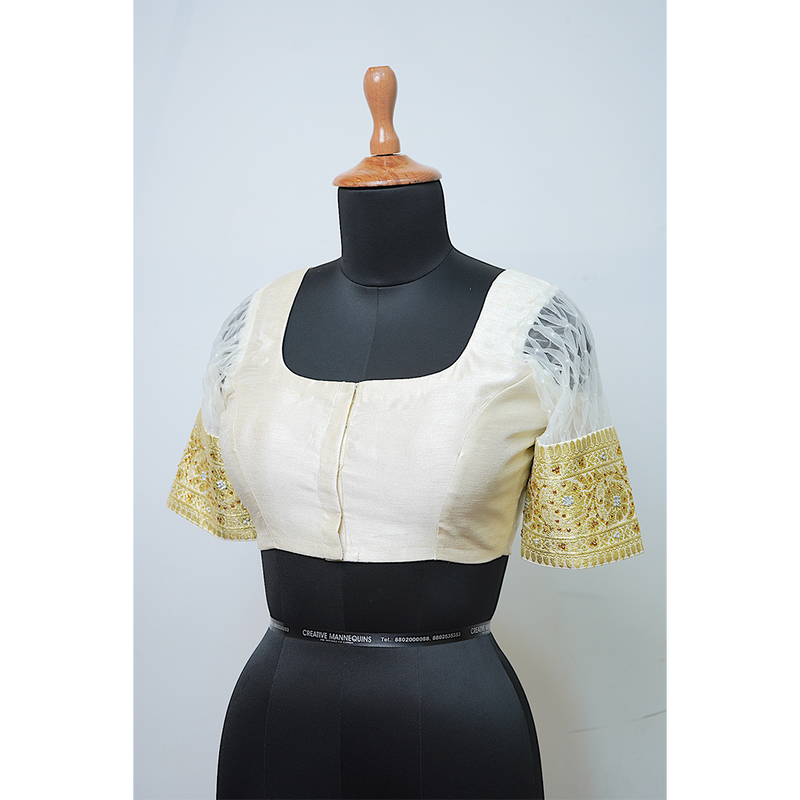 "Graceful Ivory Stonework Blouse with Heart-Cut Back"