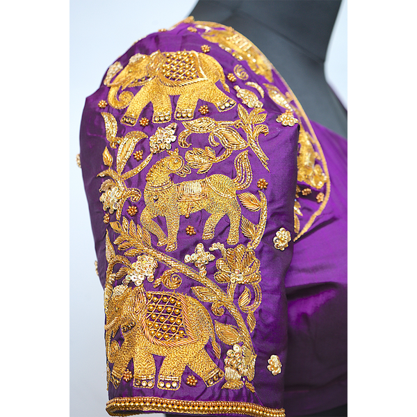 "Royal Heritage Hand-Embroidered Blouse with Golden Motifs"