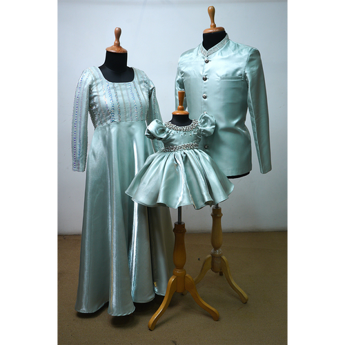 Mint Green Satin Family Matching Outfit Set – Father Kurta, Mother Gown & Baby Girl Party Dress