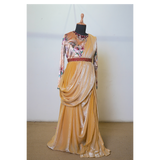 Regal Velvet Beige & Mustard Draped Family Ethnic Wear Set