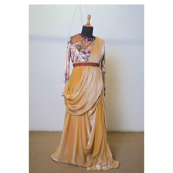 Regal Velvet Beige & Mustard Draped Family Ethnic Wear Set