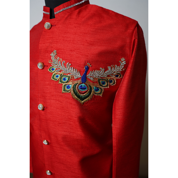 Regal Red Sherwani with Embroidered Peacock Motif