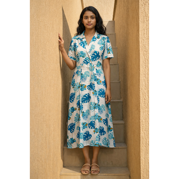 Tropical Breeze Leaf Print Midi Dress