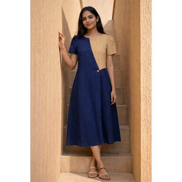 Midnight Blue & Sandstone Colorblock Midi Dress
