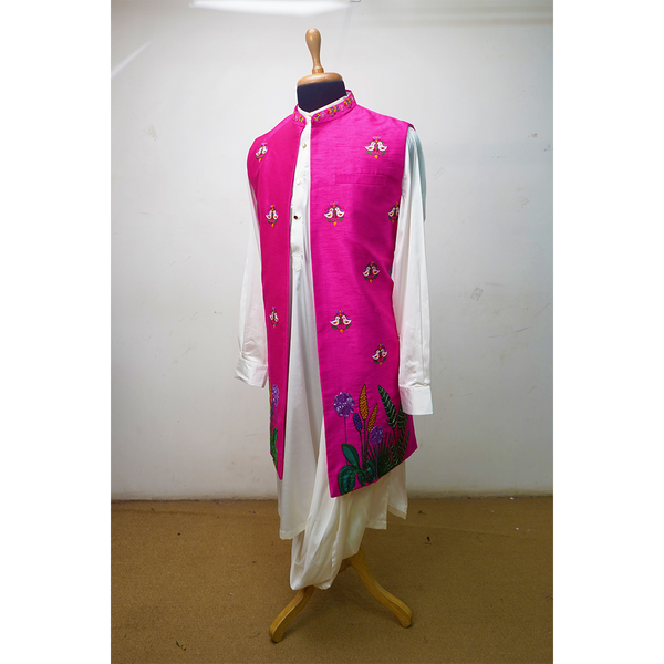 Men’s White Kurta–Dhoti Set with Hand-Embroidered Pink Nehru Jacket