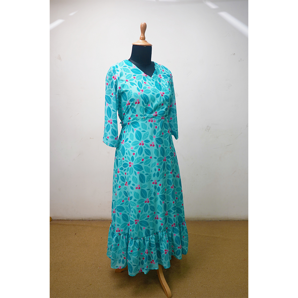 Aqua Blue Floral Printed Long Maxi Dress for Women | Comfortable Daily Wear | Lightweight & Stylish Casual Dress