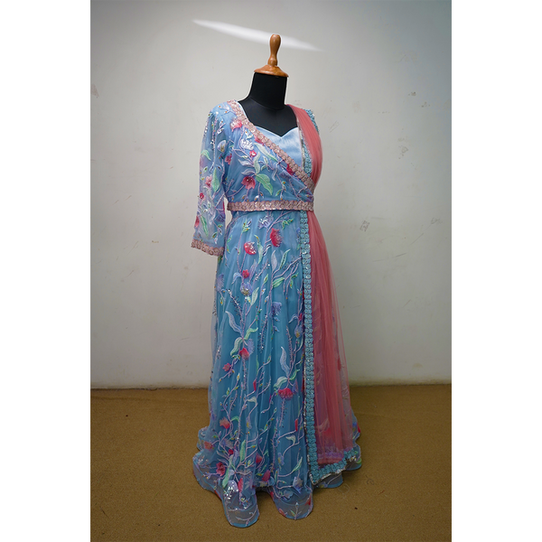 Sky Blue Floral Embroidered Long Gown with Pink Dupatta – Elegant Party & Festive Wear