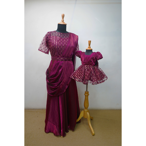 Elegant purple Mother & Daughter Matching Gown Set with Golden Embellishments