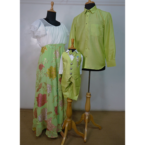 Pastel Green Family Matching Outfit Set  Women Floral Gown, Men Shirt & Boys Waistcoat Set