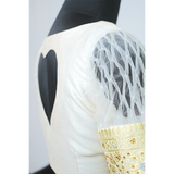 "Graceful Ivory Stonework Blouse with Heart-Cut Back"